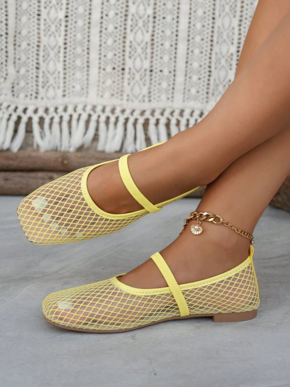 Lemon Yellow Casual Women's Hollow Mesh Flat Slip-On Ballet Shoes - Picture 2 of 6